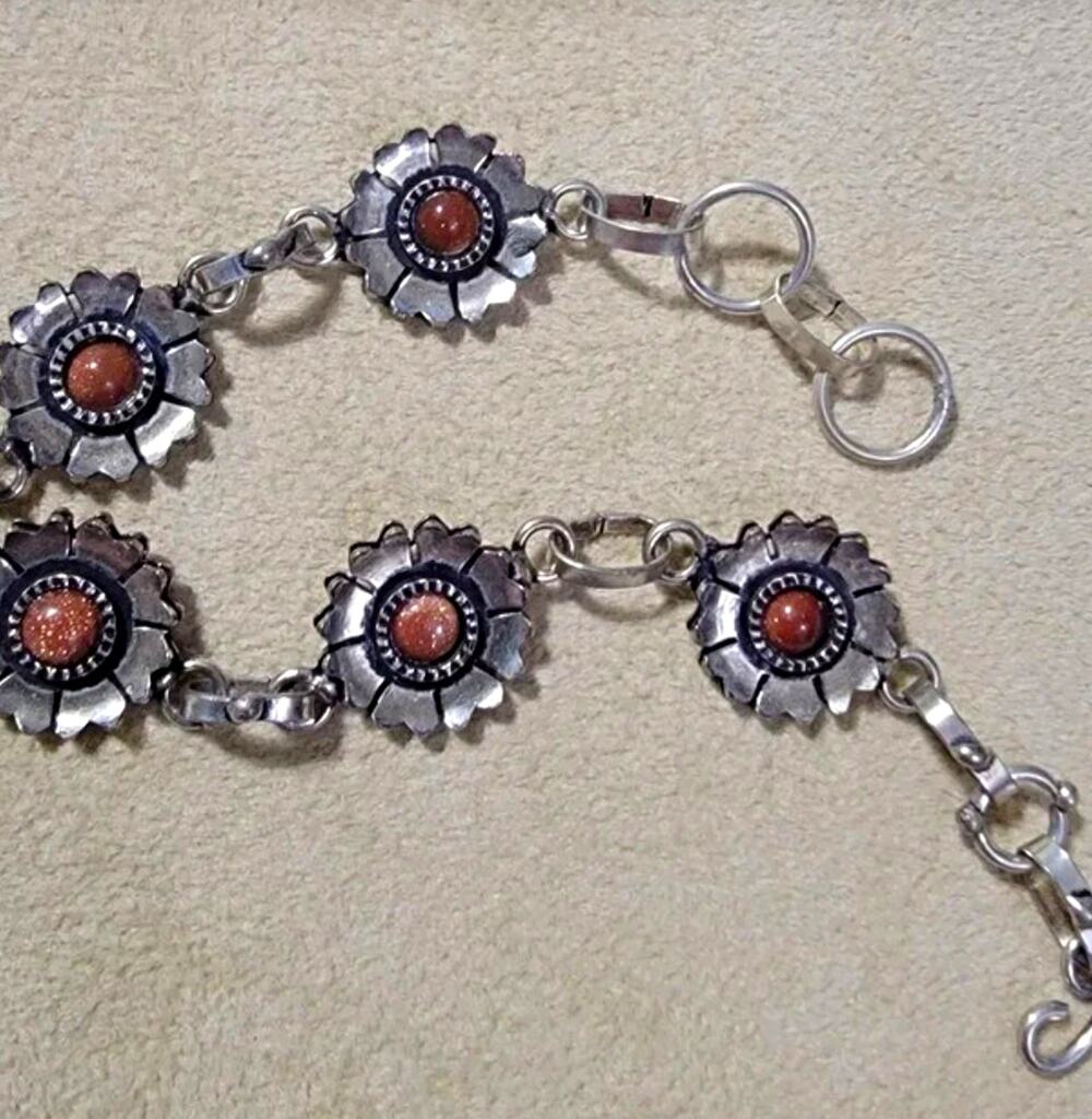 925 Sterling Silver Goldstone Sunflower Link Bracelet Vintage Whimsigoth Boho